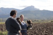 Una coppia in costume mostra dei rapaci in una dimostrazione di falconeria