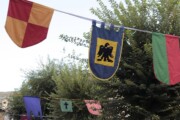 Dettaglio delle bandierine araldiche che ornano una via di Bailo
