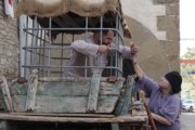 Un'anziana porge del pane a un prigioniero su una roulotte