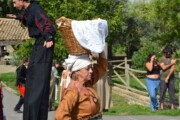Una donna porta un cesto accanto a un trampoliere in una via
